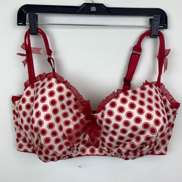 Cacique Polka Dot Bra 40F, white red, lace + bow 40DDD - Picture 1 of 11